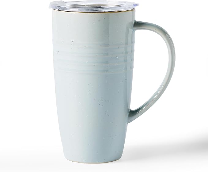 famiware Jupiter Large Coffee Mug, 20oz Coffee Mug with Lid, Ceramic Cup with Handle for Latte, Tea, Cocoa, Milk, Home & Office, Microwave and Dishwasher Safe, Light Blue