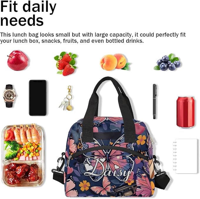 Personalized Butterfly Lunch-Bag for Women, Custom Insulated Cooler Lunch Box with Name, Leakproof-Reusable Lunch Tote Bag for Work Office Picnic - Multi 2