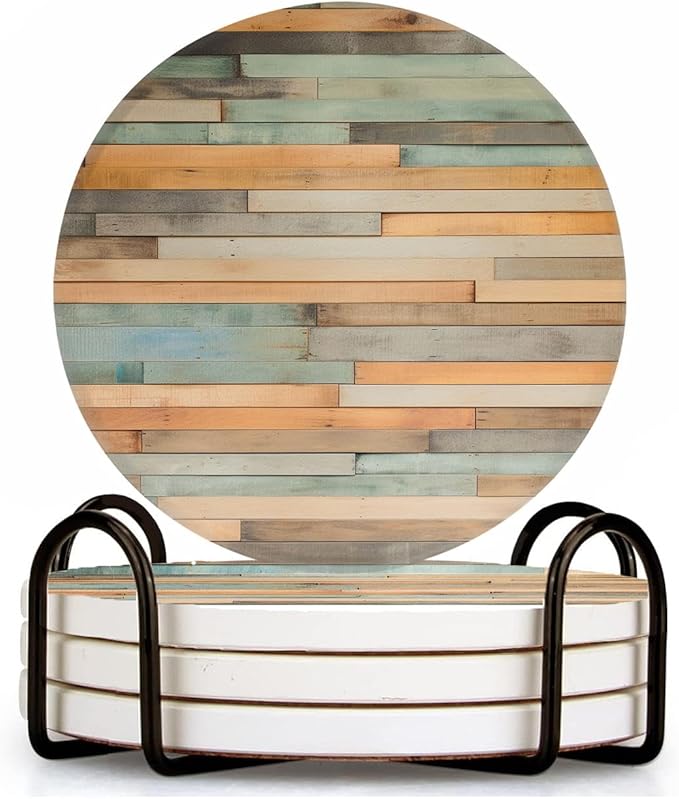 Wood Plank Wall Exquisite Set of 4 Ceramic Coasters with Holder,Absorbent Drink Bar Coasters,Table Coasters