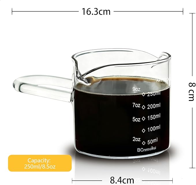 BCnmviku 250ML/8.5OZ Espresso Glass Measuring Cup Triple Pitcher Milk Cup Espresso Cups with U-shape Handle Espresso Shot Glass with V-Shaped Mouth Clear Accessories Milk Frothing Pitcher (1)