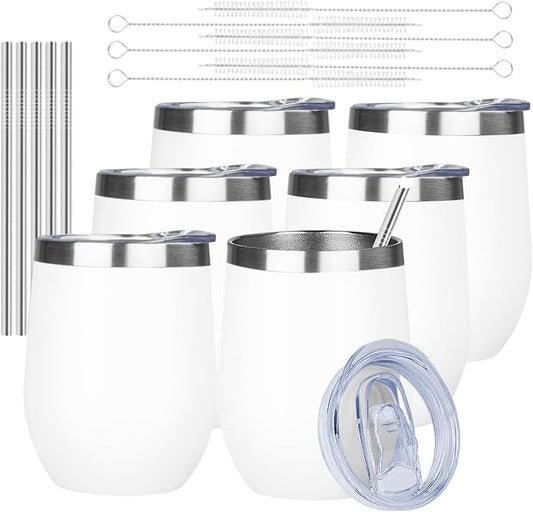 MEZMUT 12 Oz Insulated Wine Tumbler with Lid Double Wall Vacuum Stainless Steel Wine Glass Coffee Mug Insulated Tumbler Cup for Champaign, Cocktail, Beer (White, 6 Pack)