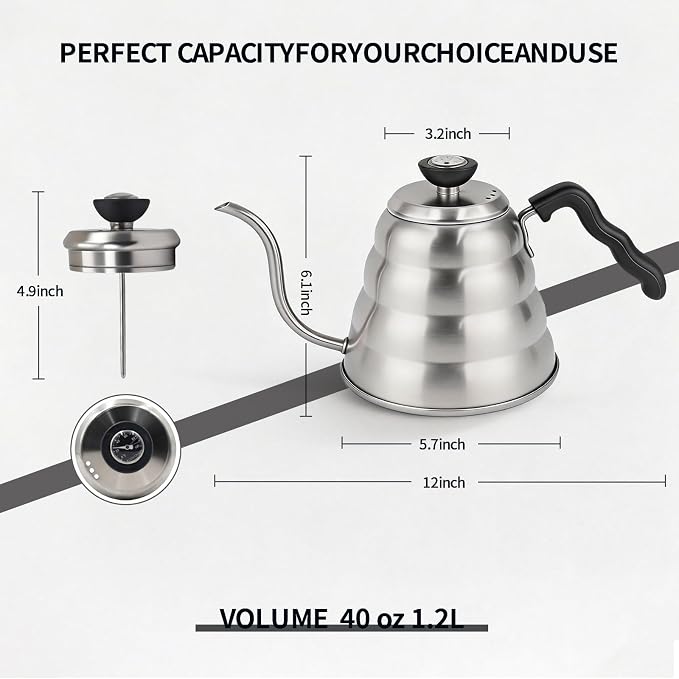 Gooseneck Kettle Stovetop 1.2L (40 oz) with Thermometer & 40 Filters - Stainless Steel Long Spout Tea Kettle for Precision Pour Over Coffee,drip coffee and Tea