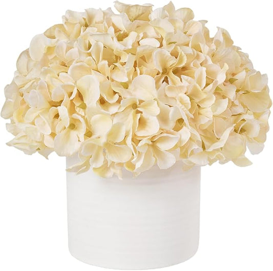 Fake Silk Hydrangea Flowers in Vase, Artificial Flowers with White Ceramic Vase, Small Potted Floral Arrangement for Home Kitchen Counter Vanity Coffee Table Centerpiece Bathroom Decor (Champagne)
