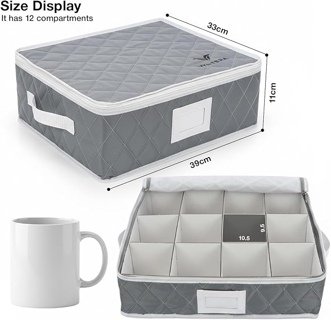 Mug Storage Organizer Set of 2 – 12 Compartment Cup Storage Boxes with Lid, Stackable Woven Fabric Holder for Coffee Mugs, Glassware & Teacups (Oxford Cloth, Padded, Gray)