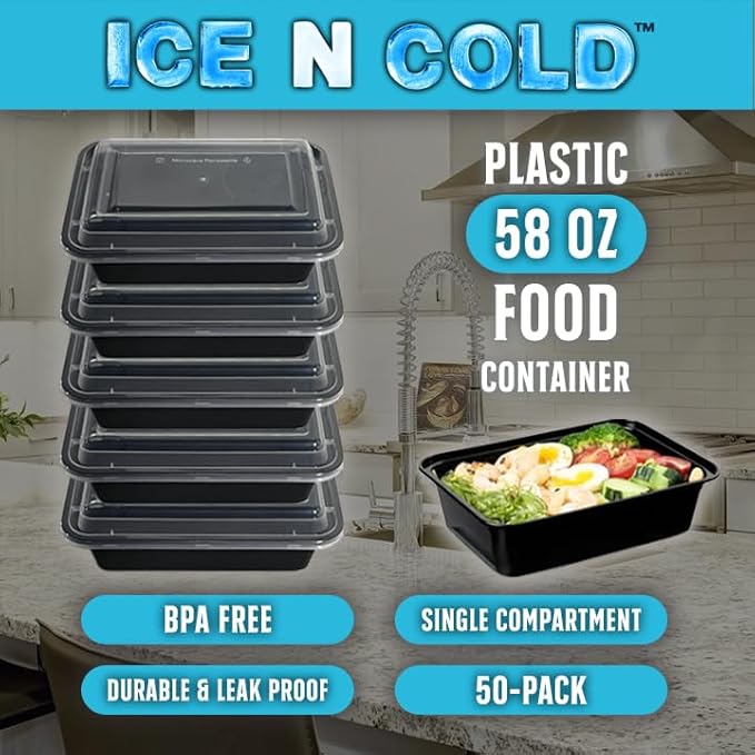 ICE N COLD Reusable To-Go Food Meal Prep Storage Containers with Leak Proof Snap Lids 58oz | 1715ml | 25-Pack