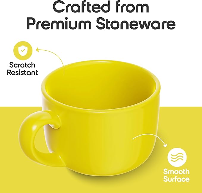 Omniware Teaz Cafe 24oz Jumbo Mug, Set of 4 - Rustic Stoneware, Oversized Handle, Dishwasher Safe, Lead-Free Glaze - Vintage-Inspired Farmhouse Cup for Coffee, Tea, Soup (Yellow)