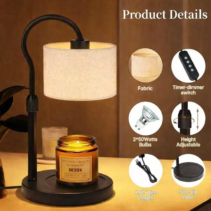 Ruiever Candle Warmer Lamp,Adjustable Height with 2 Bulbs，Linen Candle Lamp with Dimmer & Timer, Flameless Fragrance Diffuser for Scented Wax Melts, Mothers Day and Birthday Gifts for Home, Office