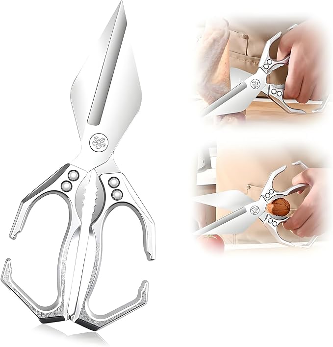 Multifunctional Heavy-Duty Kitchen Shears, Stainless Steel Kitchen Scissors for Food, Poultry Shears, Poultry, Meat, Seafood, Bone Cutting, Dishwasher Safe Ergonomic Handle (Sliver)