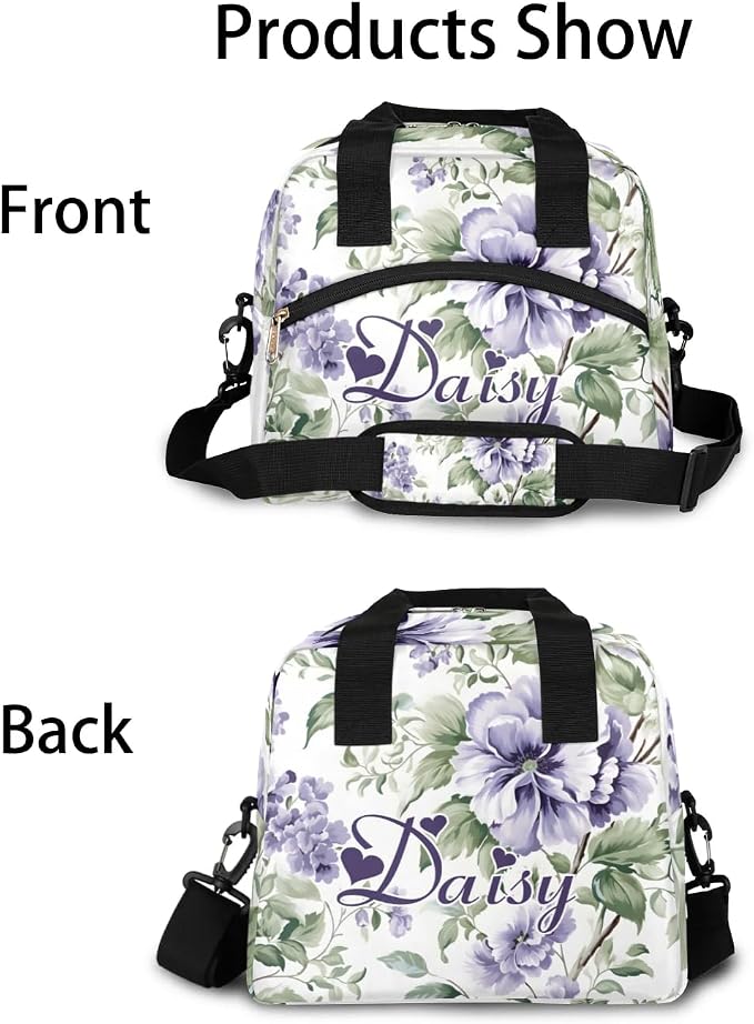 Personalized Flower Floral Lunch-Bag for Women, Custom Insulated Cooler Lunch Box with Name, Leakproof-Reusable Lunch Tote Bag for Work Office Picnic - Light Purple