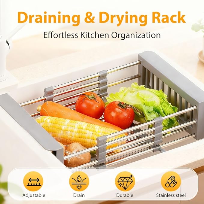 Extend Kitchen Sink Drain Basket, 2026 New Retractable Kitchen Sink, Adjustable Dish Drying Rack with Stainless Steel Drain Basket for Kitchen (White, Small)