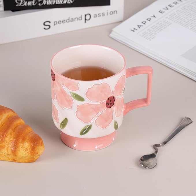 KAMMAK Ceramic Pink Coffee Mug, 15oz Large Mugs Set of 2, Novelty Cup for Tea, Juice, Milk, Cute Porcelain Water Cups with Handle for Women, Dishwasher and Microwave Safe