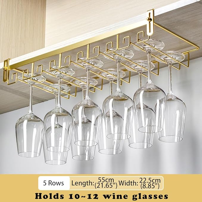 CAKERS Creative Wine Glass Holder|Under Cabinet Iron Art Stemware Rack|Hanging Wine Glass Drying Holder For Kitchen Bar Restaurant,Gold,5 Rows