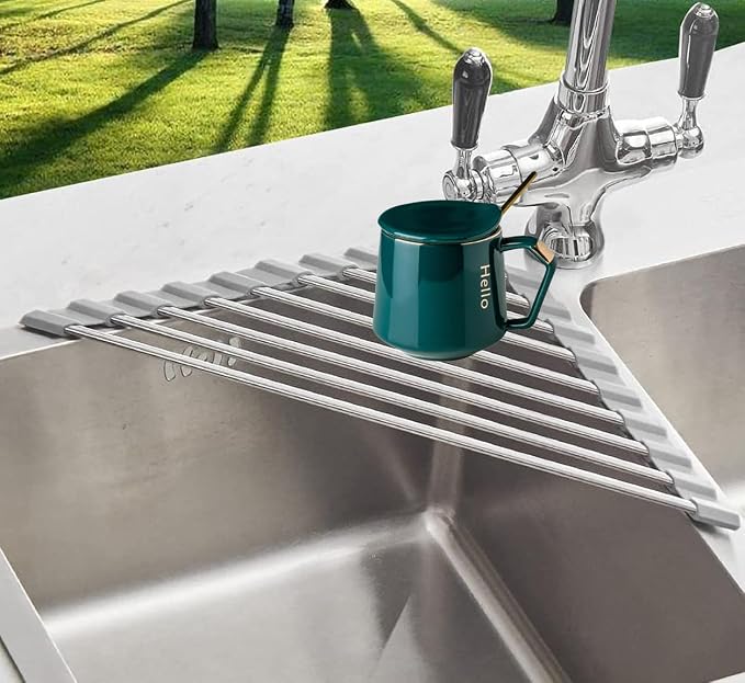 Over the Sink Dish Drying Rack Roll Up and Triangle for Kitchen Corner Drainer Mat Foldable Stainless Steel (Triangle), Silver