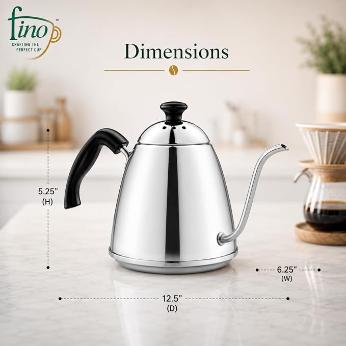 Fino Pour Over Gooseneck Coffee Kettle, 18/8 Stainless Steel, 6-Cup, 1L Capacity