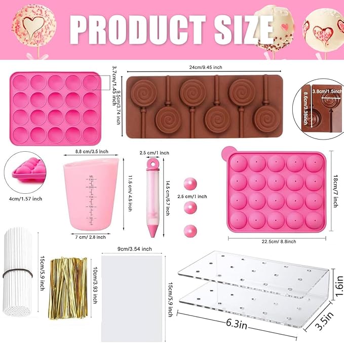 717PCS Cake Pop Molds Kit, Lollipop Cake Pop Maker Set with Cake Pop Stand, Cake Pop Sticks and Wrappers, Decorating Pen, 4 Piping Tips, Measuring Cup