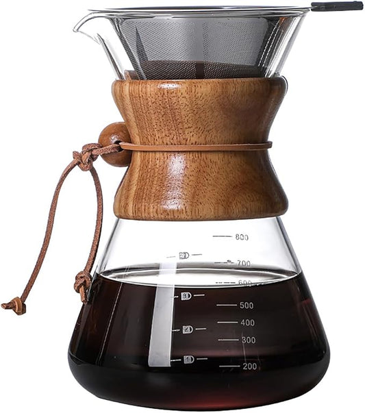 Pour Over Coffee Maker with Reusable Stainless Steel Drip Filter, Lead-Free Borosilicate Glass Coffee Carafe with Modern Wooden Collar for 1-6Cup, Circular Clear (800ml/27oz)