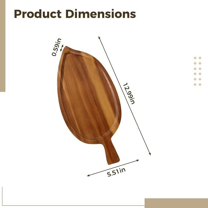 Acacia Wood Serving Plate, 13 in Leaf Shaped Tray with Handle, for Snacks, Desserts, Bread, Sushi, and Cake