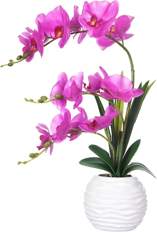 Artificial Orchids in Vase Fake Real Touch Orchid Flowers in Pot Faux Phalaenopsis Potted with Ceramic Vase for Home Office Wedding Table Decoration, Fuchsia