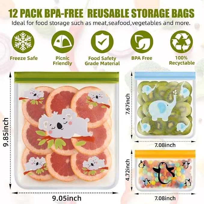 Dishwasher Safe 24 Pack Reusable Freezer bags Storage Vegetable Bags -BPA Free Leakproof Food Storage Bags Reusable Silicone for Marinate Meats