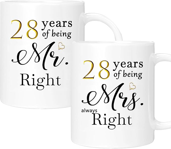 28th Anniversary Coffee Mugs Set of 2, 28 Year Anniversary Wedding Gifts Decorations for Couple Parents Men Women Husband Wife Him Her, Gift Box Packaging, 11oz