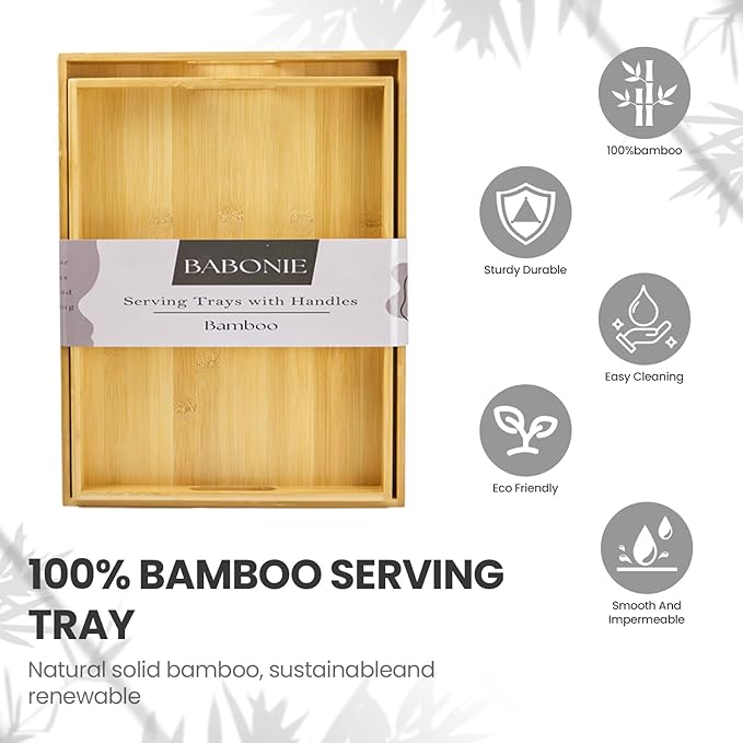Bamboo Serving Trays with Handles Set of 2 - Portable Rectangular Trays for Serving Food, Serving, Decor & Storage, Suitable for Bedroom, Living Room, Kitchen, Restaurant, Outdoor & More