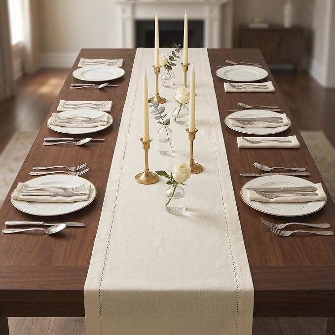 Urban Villa Christmas TableRunner 100% Cotton Fused Table Runner 14''x 72'' Over Sized Hemstitch Ivory Table Runner Every Day Use Heavier Quality TableRunner