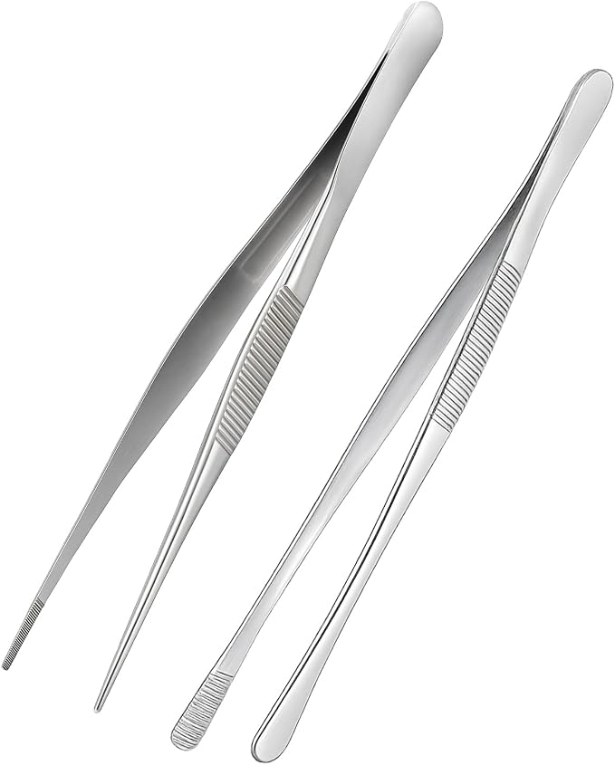 12-inch Stainless Steel Cooking Tongs & Tweezers, Non-Slip Grip & Serrated Tips for Grilling, Baking, Garnishing, BBQ, Kitchen & Craft Use (Straight Tip & Round Tip)
