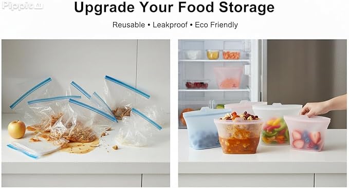 Reusable Silicone Food Storage Bags – 6 Pack Stand-Up Leakproof BPA-Free Silicone Bags for Meal Prep, Sandwich, Snacks & Freezer Storage (500ml, 1000ml, 1500ml)