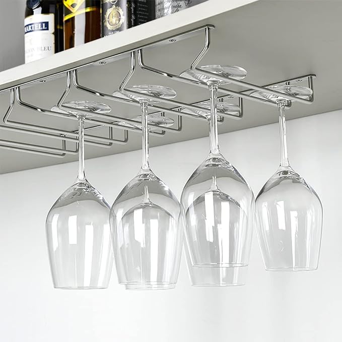 Under Cabinet Stemware Wine Glass Rack,Stainless Steel Wine Glass Rack,Hanging Wine Glass Holder Metal Wine Glass Storage,Wine Glass Rack for Kitchen Cabinet Bar Decor,Perfect for Wine lovers