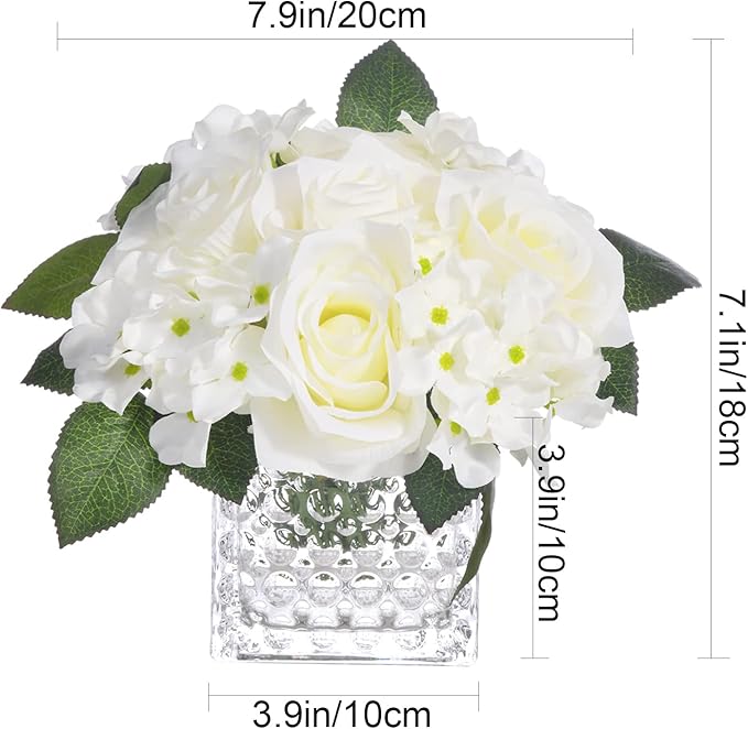 Fule Artificial Silk Rose Flower Centerpiece Arrangement in Glass Vase with LED Light for Home Wedding Decoration (White)