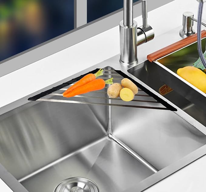 Ahyuan Corner Sink Dish Drainer over the Sink Dish Drying Rack Corner Dish Rack SUS304 Cubic Stainless Still Kitchen Sponge Holder Corner Sink Sponge Caddy Dish Rack (Black)
