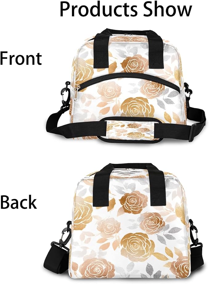 Pardick Golden Rose Flower Insulated Lunch Bag for Women Leakproof Lunch Box Large Cooler Thermal Tote Bag with Shoulder Strap Meal Prep Bags for Work School Office Picnic Teen Girls Adult