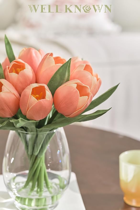 WELL KNOWN 12 Pcs Fake Tulips Artificial Flowers in Vase with Faux Water, Peach Pink Foam Tulips Arrangements with Vase for Home Office Wedding Dining Table Centerpiece Party Decor & Birthday Gift