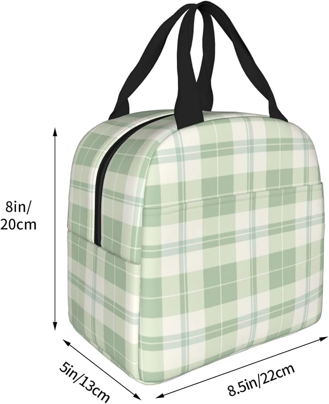 Lunch Bag Pastel Green Plaid Insulated Lunch Box Reusable Cooler Tote for Adults Student Girl Boy Work Office School Picnic Over 3 Years Old