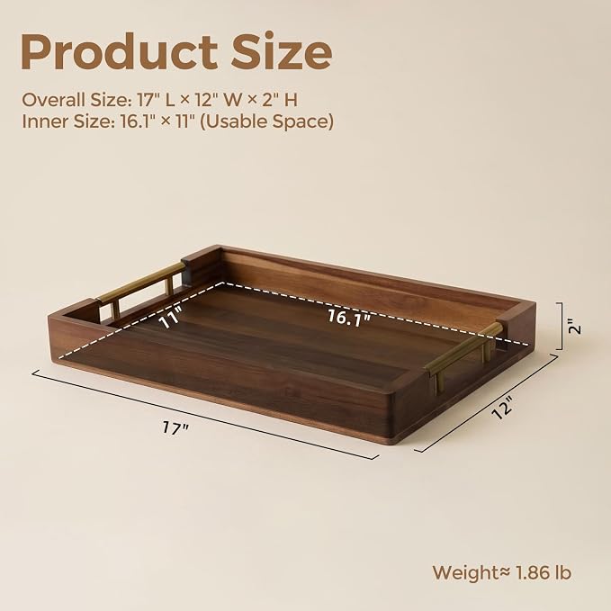Acacia Wood Serving Tray with Golden Handles, 17x12 in Large Wooden Tray for Ottoman, Coffee Table, Breakfast in Bed, Bar, Rectangular Decorative Tray for Modern Farmhouse Decor