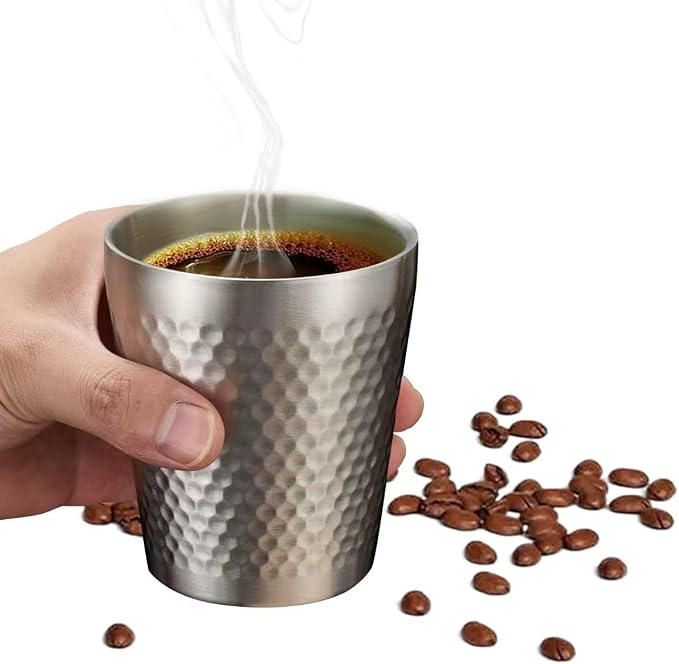 Stainless Steel Espresso Cup-1pcs Set Double Wall Insulated Metal Demitasse Cups 6 oz (175ml) Drinking Coffee Drinking Beverages Diamond Pattern Anti-Slip&Scalding