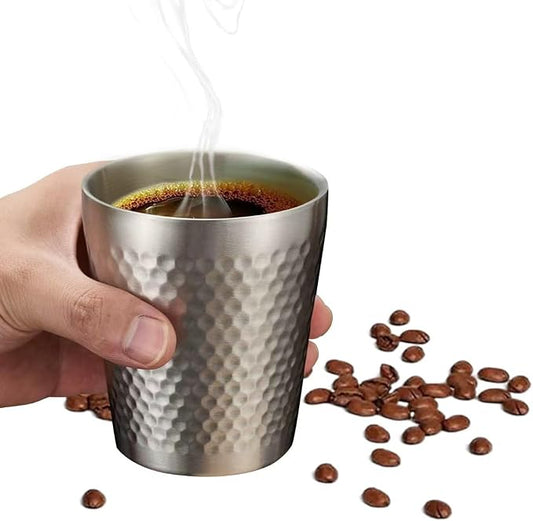 Stainless Steel Espresso Cup-1pcs Set Double Wall Insulated Metal Demitasse Cups 6 oz (175ml) Drinking Coffee Drinking Beverages Diamond Pattern Anti-Slip&Scalding