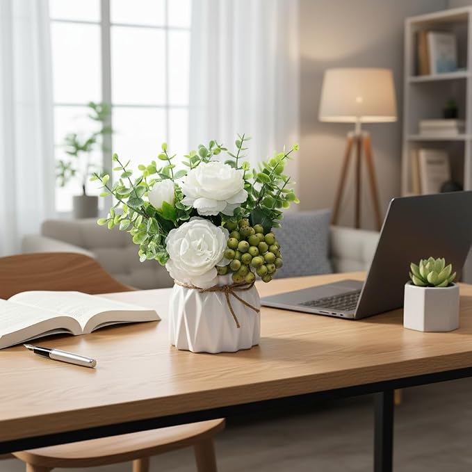 LADADA White Artificial Flowers with White Vase for Table Centerpiece Home Decor