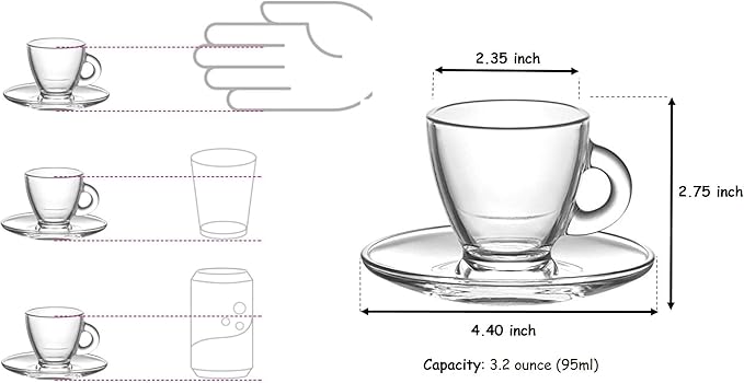 BOHEM'S Espresso Cups, 3.2-Ounce. Small Demitasse Clear Glass Espresso Drinkware, Set Of 2 Cups, Saucers and Stainless Steel mini Spoons, Hostess, Coffee Lover/Enthusiast (clear)
