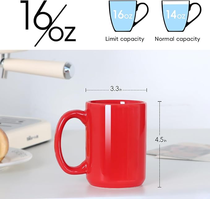 16 OZ Porcelain Coffee Mugs, Classic Blank Ceramic Cup with Large Handle for Tea Latte Cappuccino, Set of 4, Red