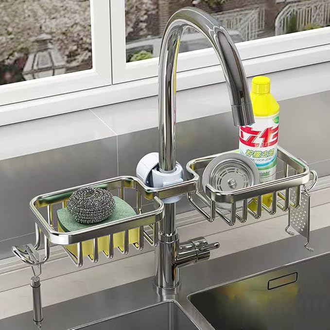 Kitchen Faucet Sponge Holder Sink Caddy Organizer Over Faucet Hanging Faucet Drain Rack for Sink Organizer (Silver-Double)