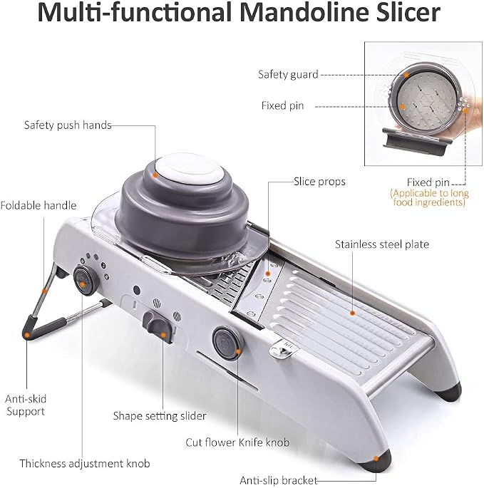 18 Types Adjustable Mandoline Slicer, Foyomo Stainless Steel Manual Cutter Vegetable Grater Julienne Slicer Waffle Fruit Kitchen Potato Cutter White