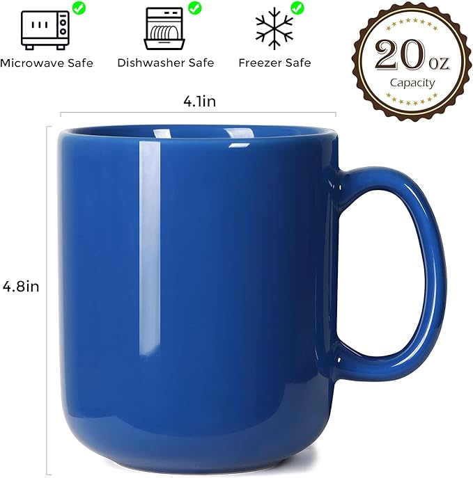 20 OZ Large Coffee Mug, M016 Plain Ceramic Boss Big Tea Cup with Handle for Dad Men, Set of 2, Blue