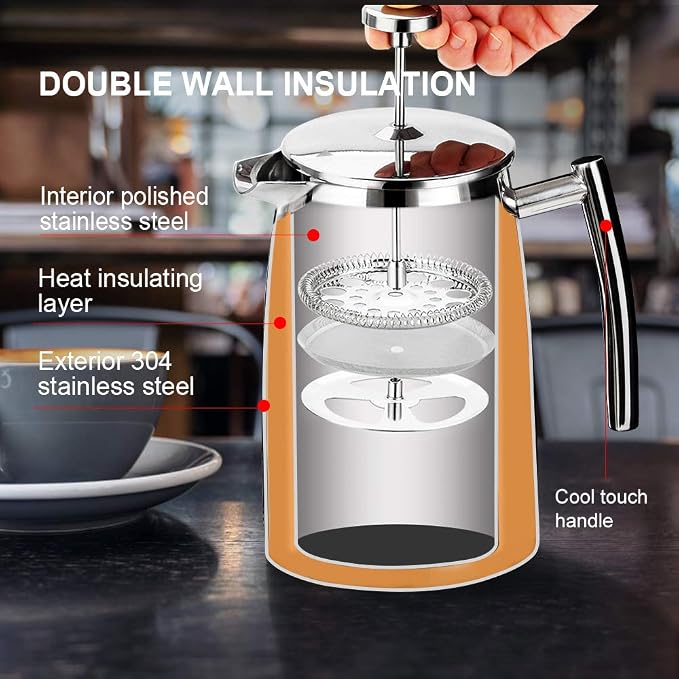 Secura French Press Coffee Maker, 50-Ounce, 304 Stainless Steel Insulated Coffee Press with Extra Screen (Pack of 2)