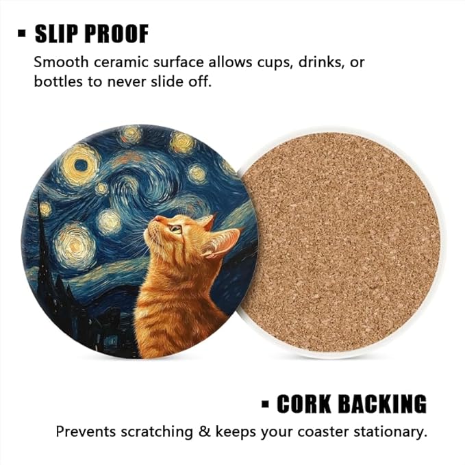 Ceramic Stone Cork Coasters for Drinks Tableware, Orange Cat Gazing at Starry Night Round Absorbent Durable Aesthetic Art Cup Mat Protects Tables and Surfaces Set of 1 (4 * 4 Inch)