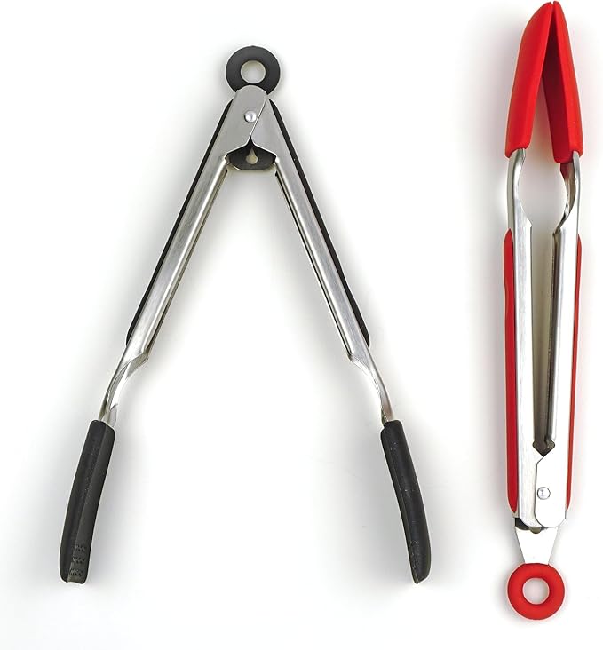 RSVP International Endurance Kitchen Utensil Collection Stainless Steel Locking Tongs for Cooking, 10.75" Length, Square Tip, Red Non-Slip Silicone