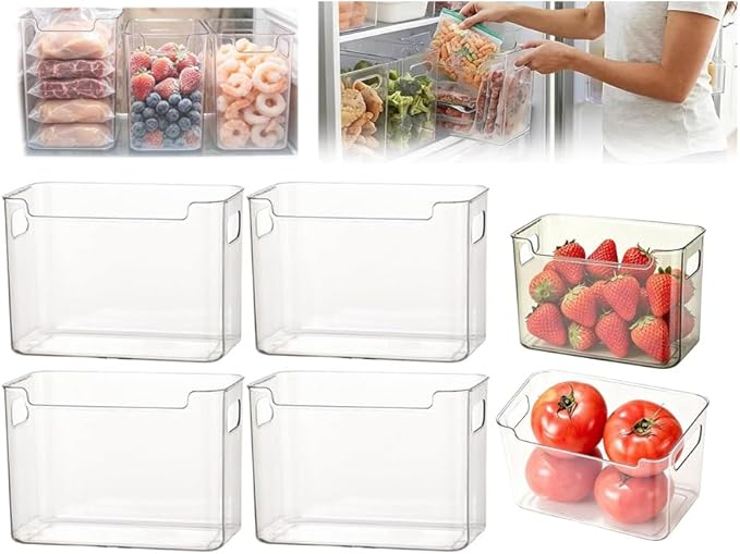 Crystal Clear Freezer Storage Bins, 4 Pack Clear Plastic Bins for Refrigerator and Pantry,Freezer Organizer Bin,Stackable Kitchen Cabinet Organizer with Handles,for Frozen Food,Meat & Veggies