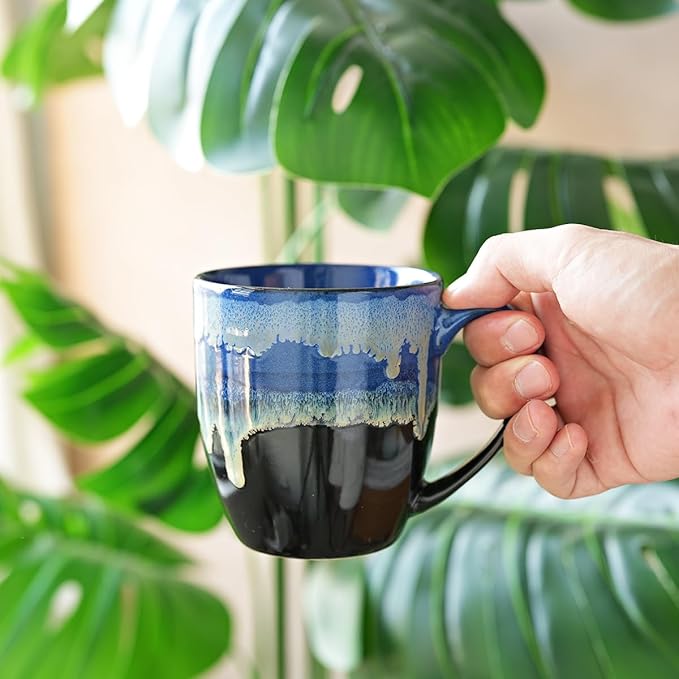 Bosmarlin Ceramic Coffee Mug Set of 4, 17 Oz, Coffee Cups with Big Handle, Microwave Safe, Unique Reactive Glaze (17 Oz, Blue)