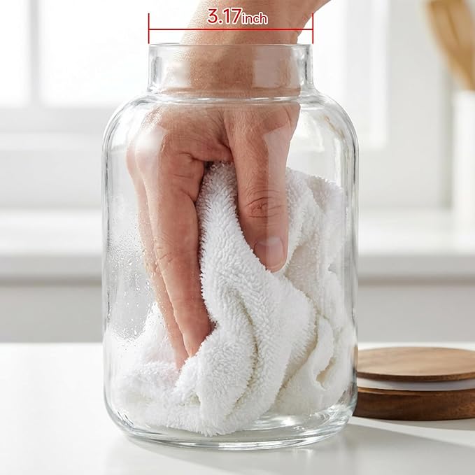 2-Pack Large Glass Flour and Sugar Storage Containers, 64 oz / 1900 ml Airtight Glass Jars with Wooden Lids, Clean & Elegant Canisters for Storing Rice, Pasta, Oats, Candy, Cookies and More