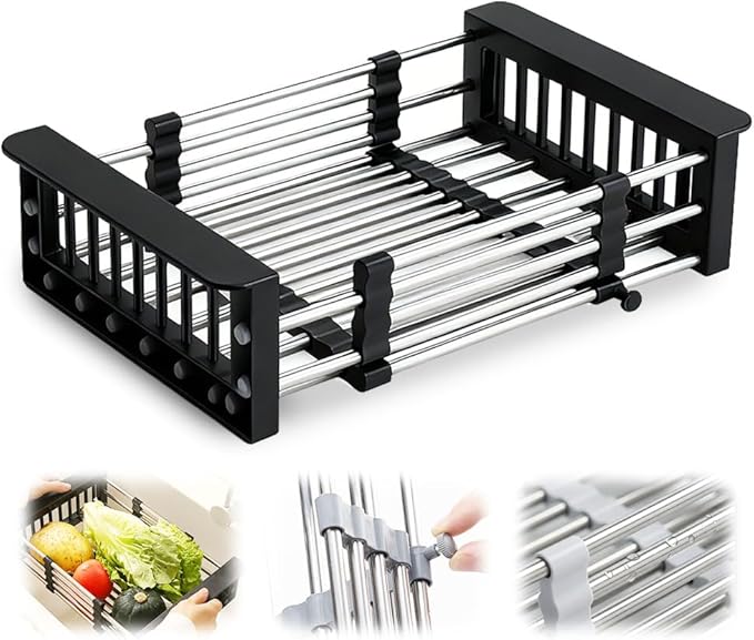 Extend Kitchen Sink Drain Basket, 2026 New Retractable Kitchen Sink, Adjustable Dish Drying Rack with Stainless Steel Drain Basket for Kitchen (Black, Large)